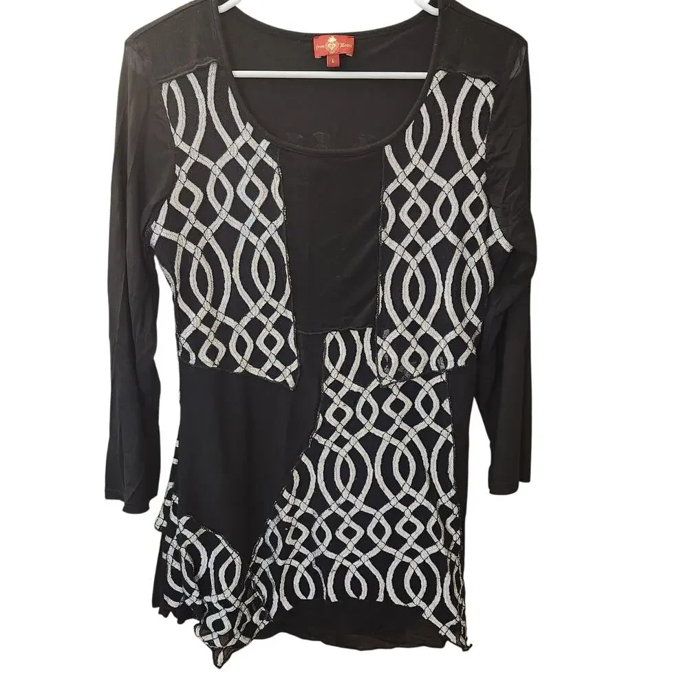 From the Heart Black Silver Interlocking Geometric Patchwork Asymmetric Tunic L
